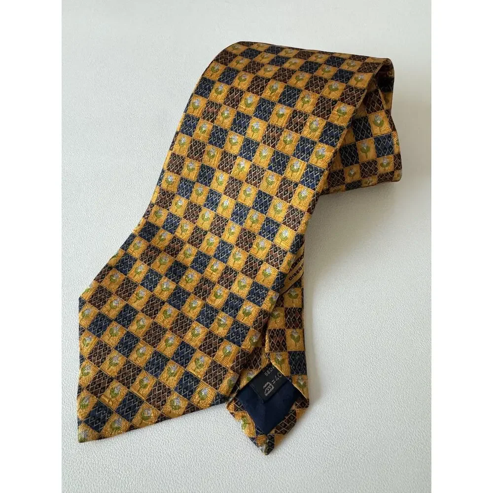 Ermenegildo Zegna Tie Mens Gold Floral Tile Print 100% Silk Made In Italy